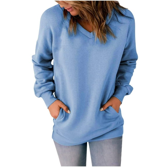 Aoochasliy Pullover for Women Women Sweatshirts Classic Solid Color Blouses V-neck Loose Hoodies with Pocket