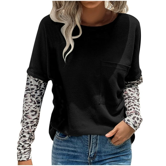 Aoochasliy Pullover for Women Sweatshirts Casual Solid Color Patchwork Leopard Print Round Neck Tops Shirt