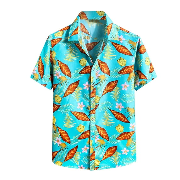 Aoochasliy Summer Clearance Mens Shirts Men Hawaiian Short Sleeve Beach Stand-up Collar Shirt Printed Summer Casual Button Down Shirts