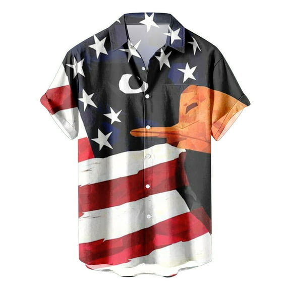 Aoochasliy Summer Clothes Mens Shirts Turn-down Collar Hawaiian Independence Day Printing Short Sleeve Button Tops Blouse