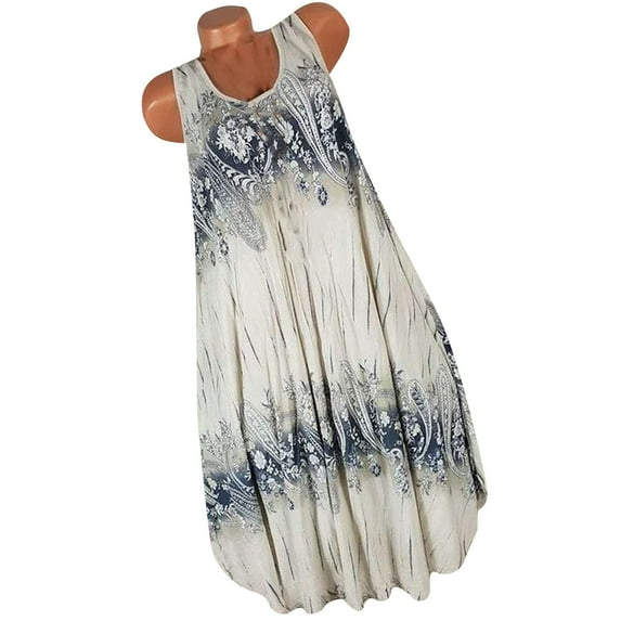 Aoochasliy Summer Dresses for Women Crew Neck Casual Sleeveless Ladies Floral Printed Dress Summer Beach Clothes