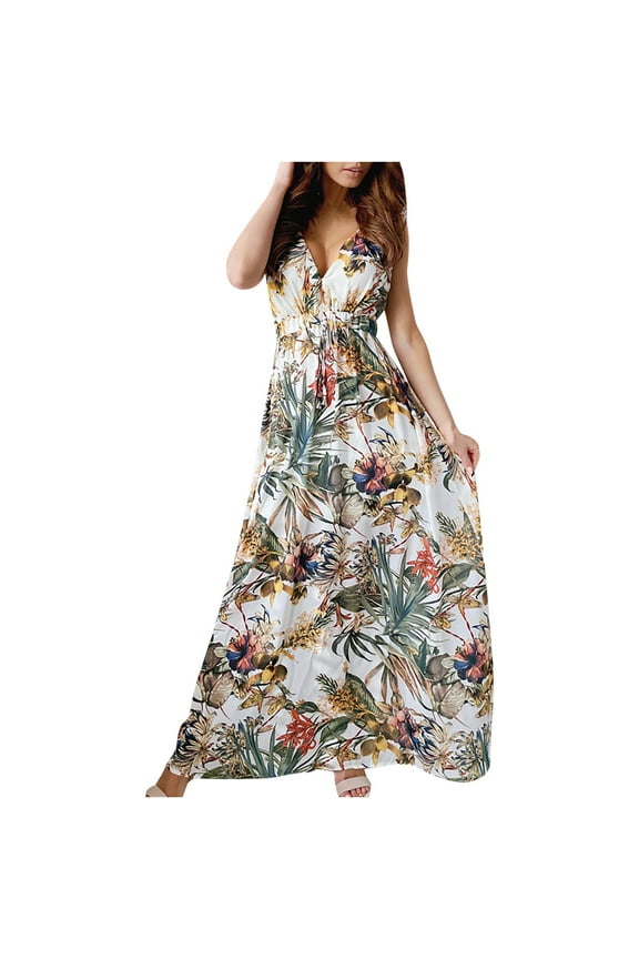 Summer Dresses for Women V-neck Sleexeless Floral Print Open Back Casual Halter Mid-Calf Long Dress Summer!