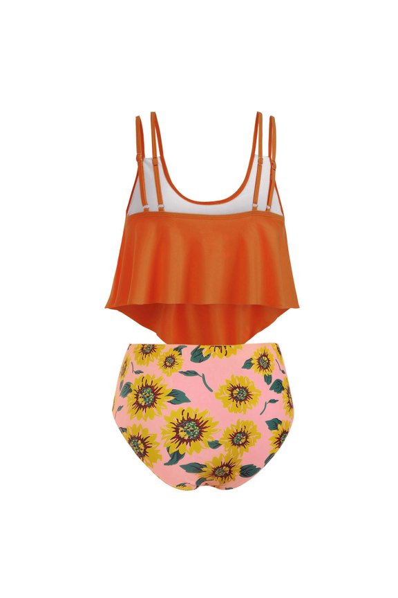 Swimsuit Clothes Women's Sexy High Breast Contrast Sunflower Print Split Bikini Set Two Piece Swimsuit Sets