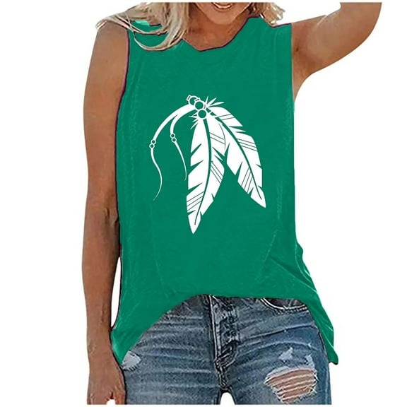 Aoochasliy Tank Tops for Women Women Casual Feather Printing Sleeveless O-Neck Loose Vest Tops