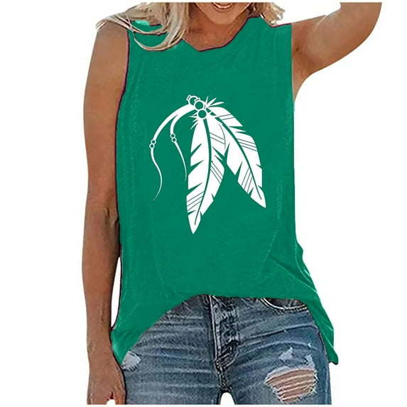 Aoochasliy Tank Tops for Women Women Casual Feather Printing Sleeveless O-Neck Loose Vest Tops