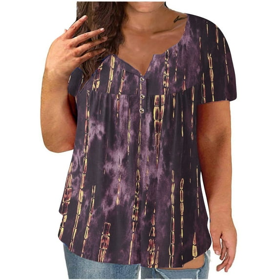 Aoochasliy Tee Shirts for Women Graphic Plus Size V-neck Tie-dye Print Button Short Sleeve Tops T-Shirt Blouse