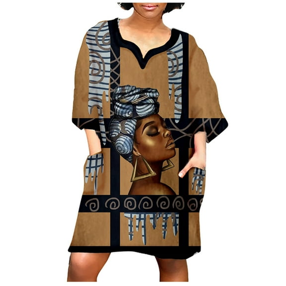 Aoochasliy Trendy Dress Women Fashion African Vintage Print Middle Sleeve V Neck Casual Mini Dress Christmas