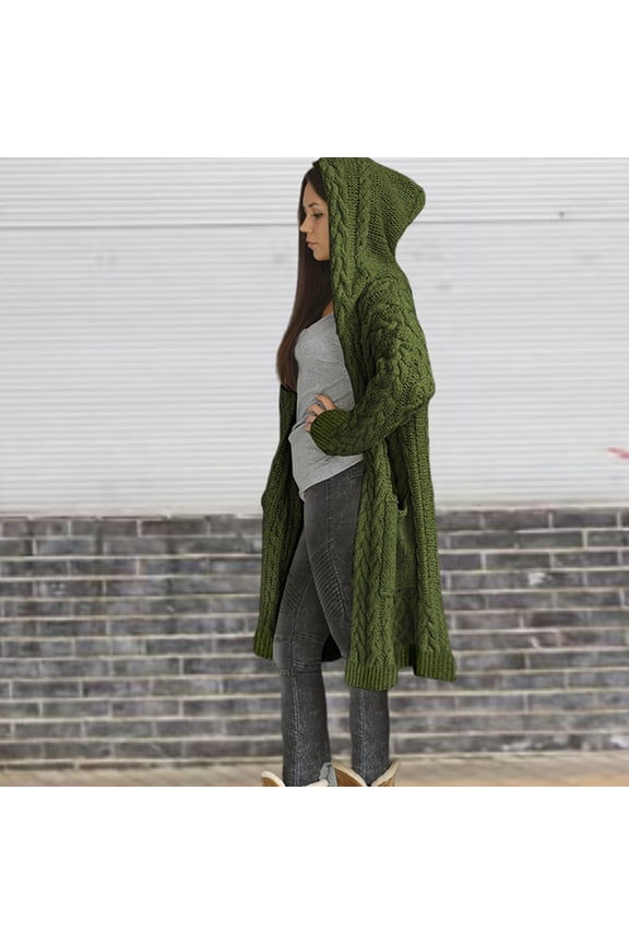 Women Fall Winter Solid Color New Sweater Hooded Open Front Cardigan Cable Knit Sweaters Chunky Long Coats