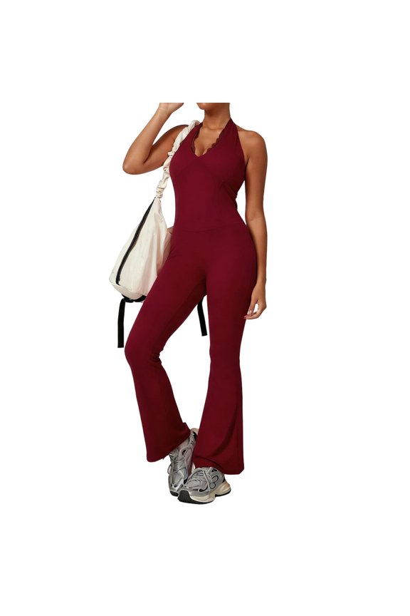Women Jumpsuit Lace V Neck Bodysuit Yoga Suit Halter Backless Tight Fitting Butt Lifting Flared Pants Long Style Soft Comfortable for Gym Fitness Workout Daily Outings