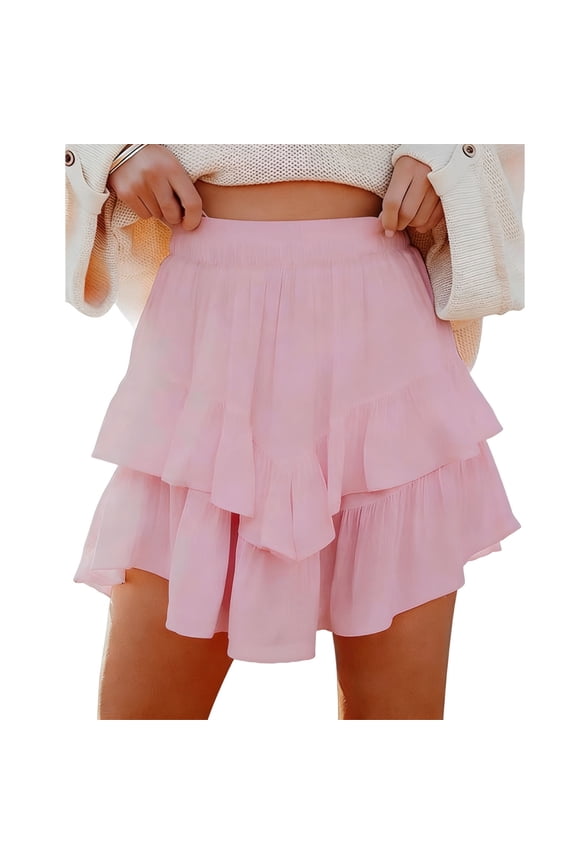 Women Solid Color Flowy Casual Bohemian Ruffled Layered High Waisted Mini Golf Skirt Tennis Athletic Skort for Outdoor Sports Daily