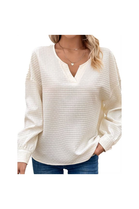 Women Top Waffle Knit V Neck Drop Shoulder Long Sleeve Loose Elegant Versatile Shirt Soft Comfy Blouse All Match Daily Wear Fashion Style Daily Office Vacation Streetwear