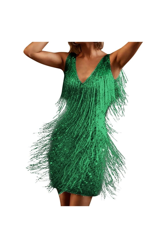 Women V-Neck Mini Dress Plus Size Sequin Glitter Solid Color Sleeveless Tassels Cocktail Dress Club Party
