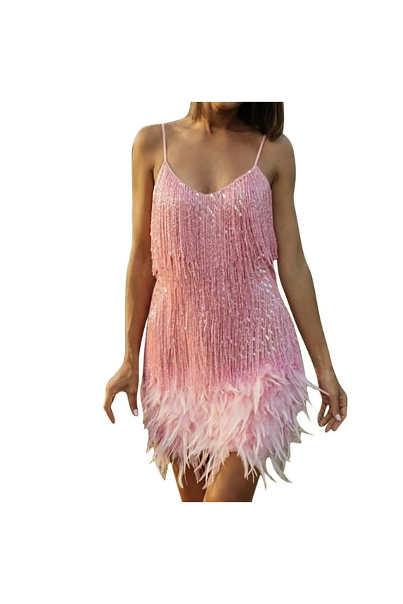 Women V-Neck Mini Dress Plus Size Sequin Glitter Solid Color Sleeveless Tassels Cocktail Dress Club Party