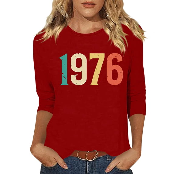 Aoochasliy Women's 1976 Letter Printed Tee Vintage Retro Comfy Casual 3/4 Sleeve Crew Neck Tops 50th Birthday Gift for Celebration Party Holiday Family Gathering