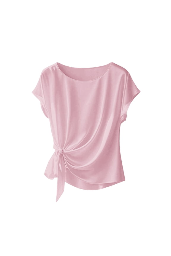 Women's Casual T Shirt Spring Summer Stripe Solid Color Round Neck Short Sleeve Knot Front Design Loose Fit Soft Comfy Lightweight Basic Fashion Top for Daily Office Vacation Streetwear