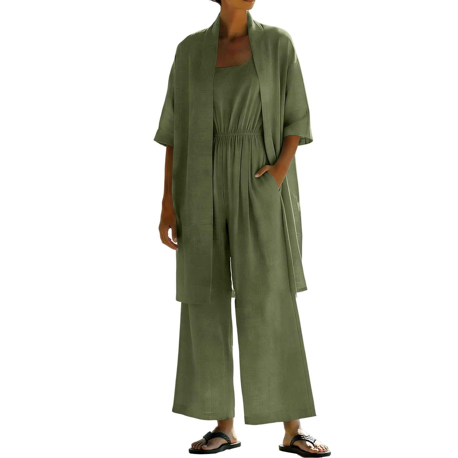 Aoochasliy Women's Cotton Linen Two Piece Casual Outfit Jacket Matching ...