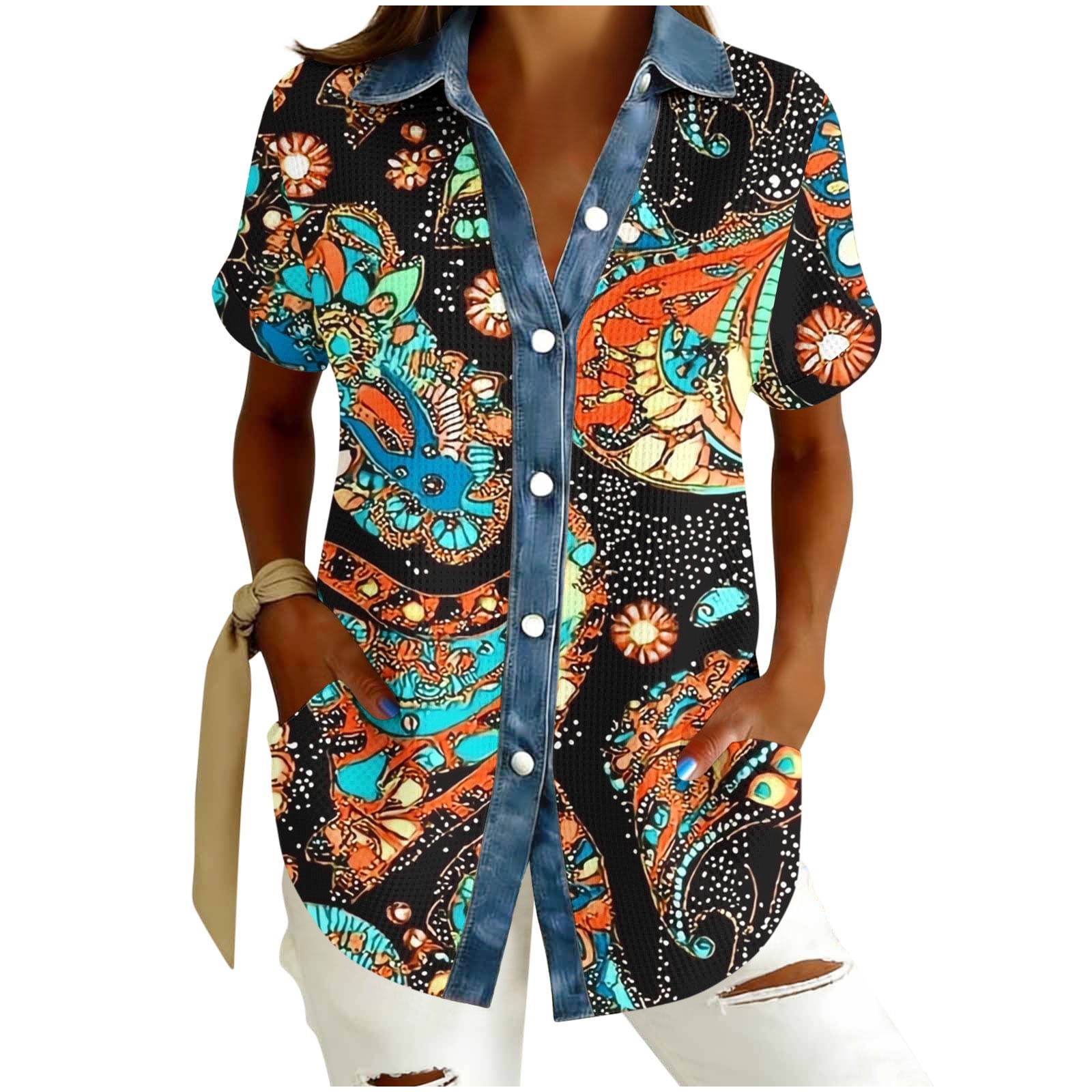Women's Denim Jacket Floral Graphic Turndown Collar Functional Pockets ...