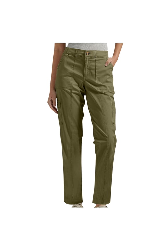 Women's Elastic Waist Cargo Pants Solid Color Full Length Button Zipper Closure Side Pockets Outdoor Hiking Relaxed Fit Trousers Durable Bottoms for Hiking Trips Outdoor Activities