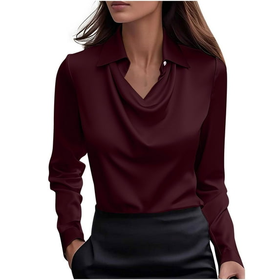 Aoochasliy Women's Elegant Satin Silk Blouse Cowl Neck Ruched Front Draped Long Sleeve Shirt Fashion Work Office Dressy Tunic Tops for Women