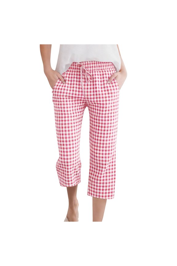 Women's Faux Linen Plaid Drawstring Elastic Waist Pants Loose Straight Cropped with Side Pockets Soft Breathable Fashion Trousers Versatile Daily Bottoms Pants for Vacation Trips Weekend Hangouts