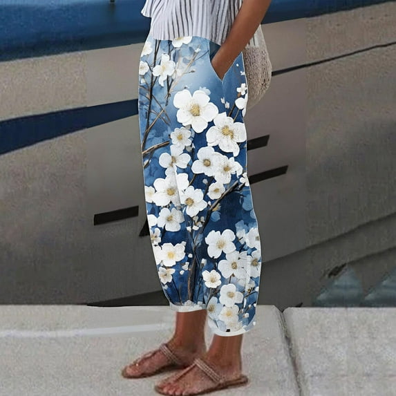 Aoochasliy Women's Floral Print Loose Pocket Trousers