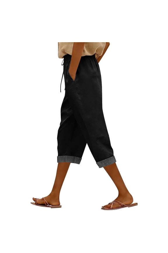 Women's High Waist Cotton Linen Capri Pants Elastic Waist with Side Pockets Solid Color Breathable Lightweight Casual Fashion Trousers for Daily Outings Trips Casual