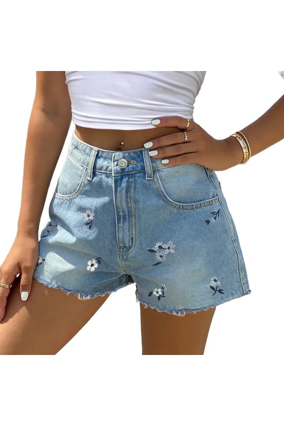 Women's Jeans High Waist Casual Half Length Denim Pants Embroidery Flower Pocket Diamond Studded Fringe Relaxed Fit Street Weekend Outing