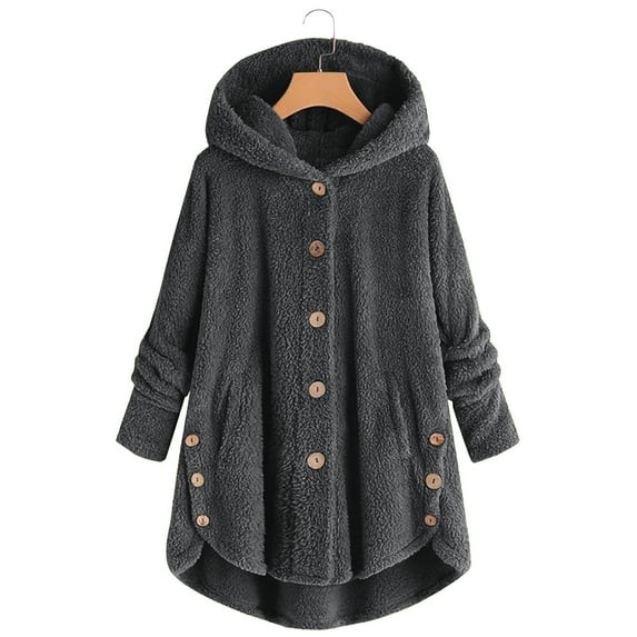 Aoochasliy Women's Plus Size Coats Winter Outerwear Button Pockets High Low Hooded Coat