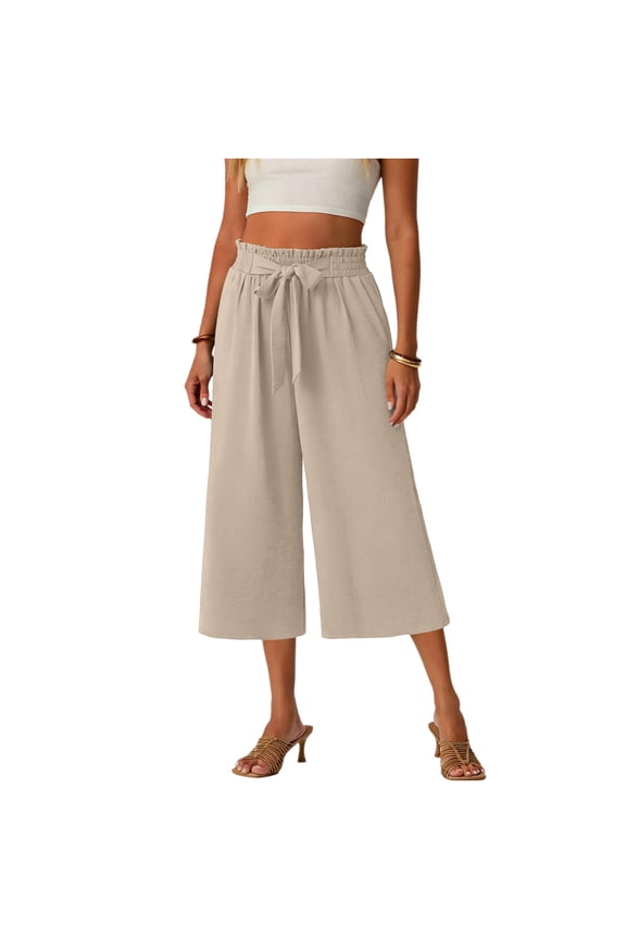 Women's Ruffle Strap Capri Pants Summer Solid Color Elastic Waistband Loose Straight Fit Convenient Side Pockets Lightweight Trousers Fashion Bottoms Pants for Vacation Trips