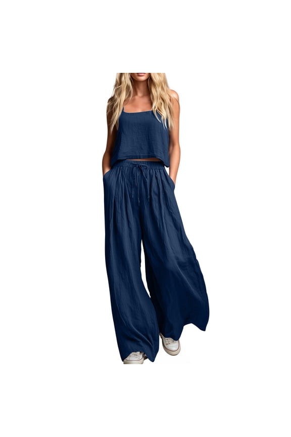 Women's Spring Summer Casual 2 Piece Outfit Set Sleeveless Round Neck Top & Cargo Pants Solid Color Matching Set Soft Breathable Casual Tracksuit Versatile Daily Wear Set for Outdoor Activities Vacation Trips