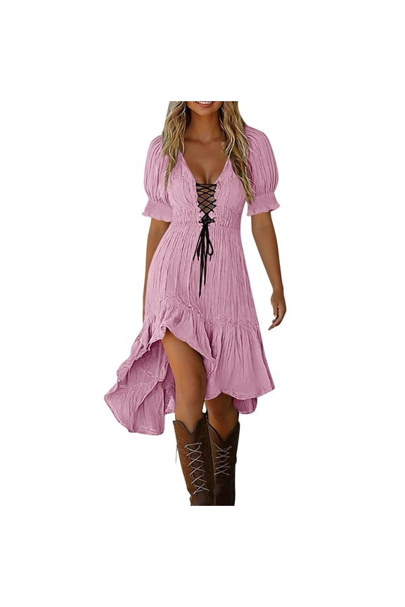Women's Summer Dresses Vintage Cowgirl Midi Dress Deep V Neck Beach Dresses Bohemian Casual Ruffled Patchwork Irregualr Hem Summer Sundresses