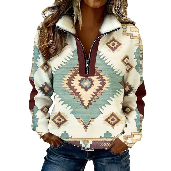 Aoochasliy Women's Sweatshirt Jacket Vintage Color Blocked Printed Half-Zip Turndown Collar Top Spring Autumn Casual Retro Womens Tops Daily Shopping Outdoor Office