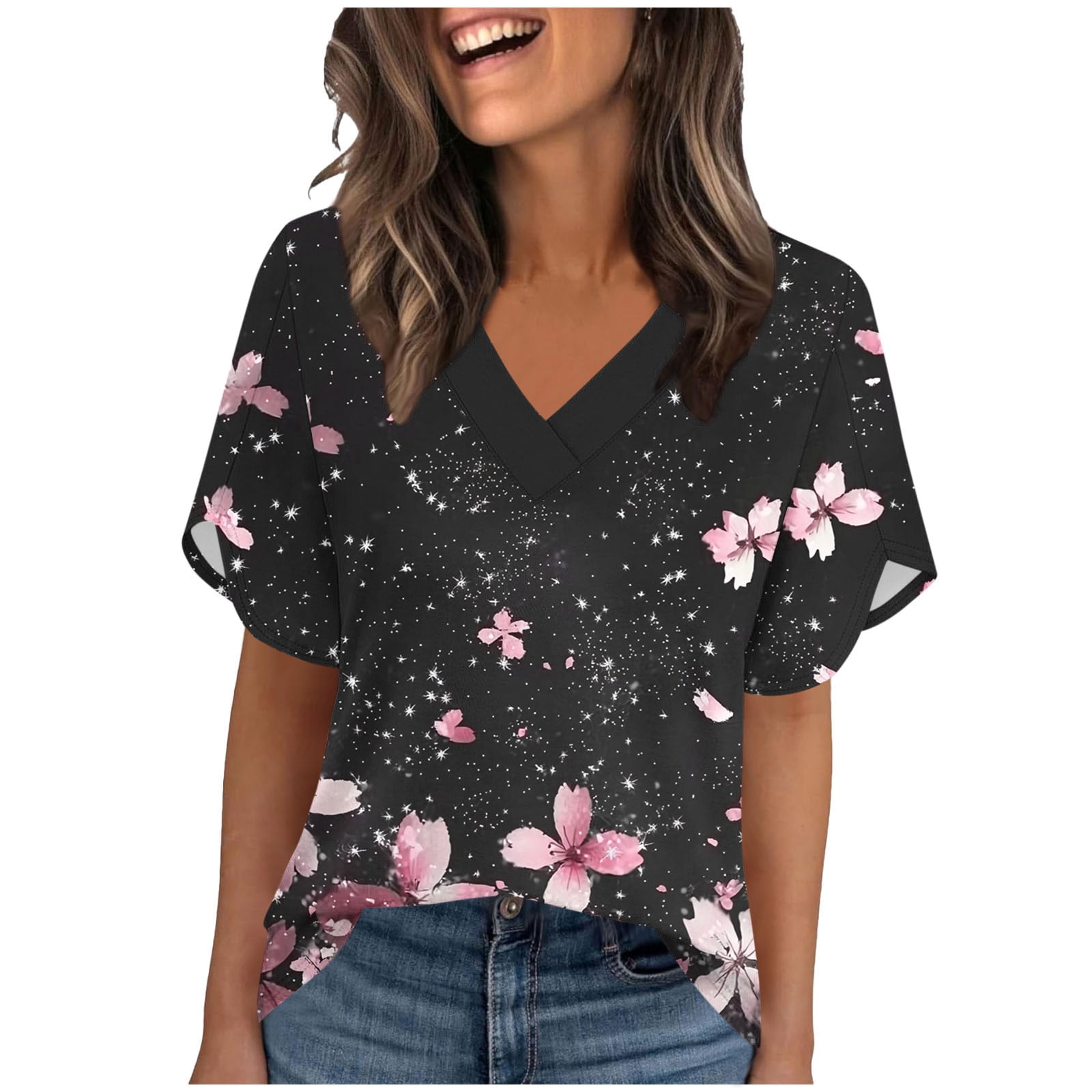 Aoochasliy Women's T-Shirt V-Neck Random Printed Ruffled Short Sleeve ...