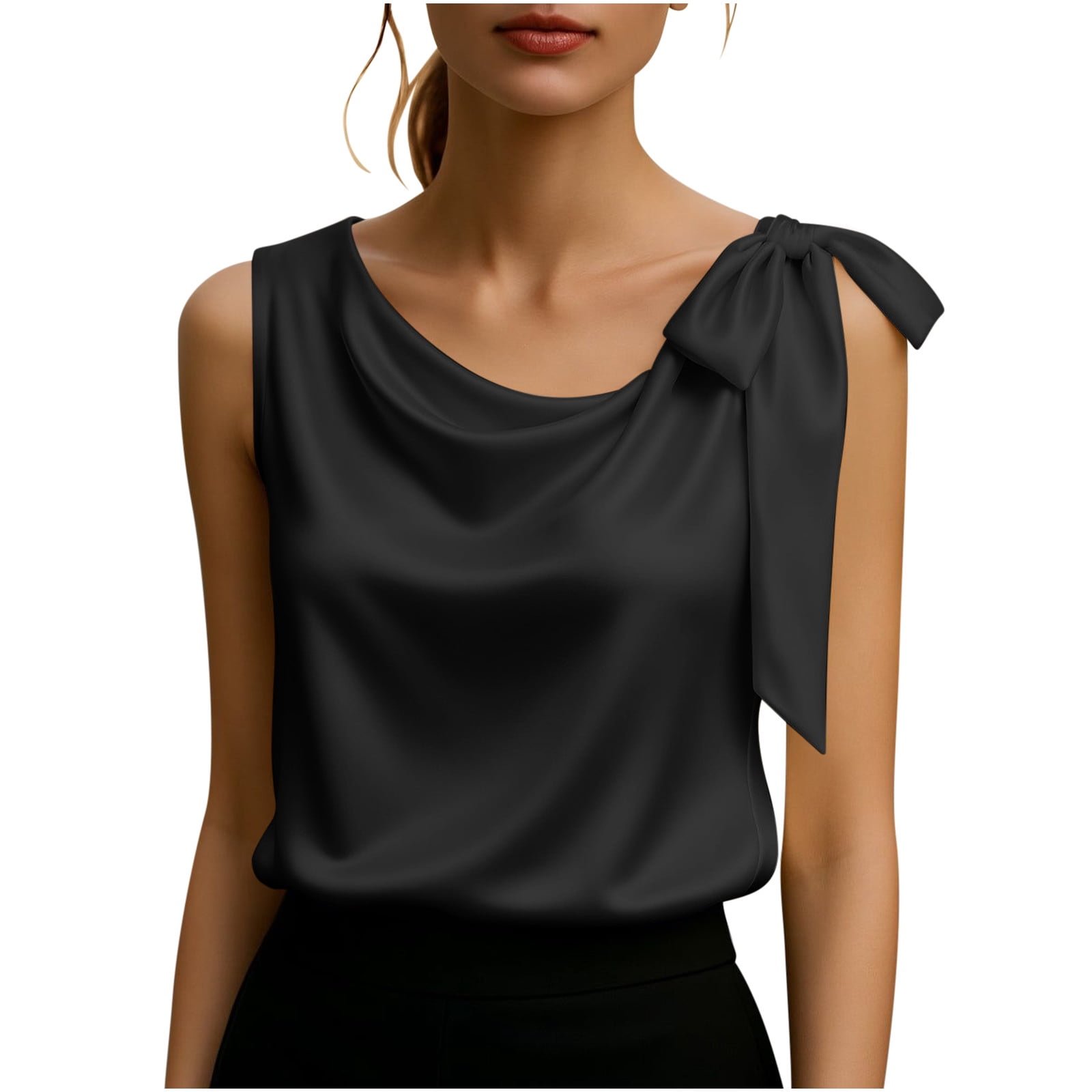 Aoochasliy Women's Top Solid Color Sleeveless Satin Lace Up Cinched ...