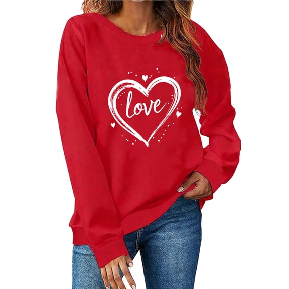 Aoochasliy Valentines Sweatshirts for Women Love Heart Graphic Tee Crew Neck Loose Fit Long Sleeve Pullover Casual Valentine's Day Tops Gifts for Her Dating Home Party