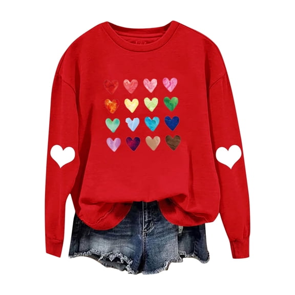 Aoochasliy Valentines Sweatshirts for Women Love Heart Graphic Tee Crew Neck Loose Fit Long Sleeve Pullover Casual Valentine's Day Tops Gifts for Her Dating Home Party