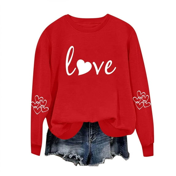 Aoochasliy Valentines Sweatshirts for Women Love Heart Graphic Tee Crew Neck Loose Fit Long Sleeve Pullover Casual Valentine's Day Tops Gifts for Her Dating Home Party