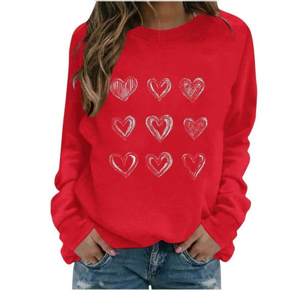 Aoochasliy Women's Valentine's Day Love Heart Graphic Tee, Crew Neck Loose Fit Long Sleeve Pullover, Gifts for Her Dating Home Party Casual Tops
