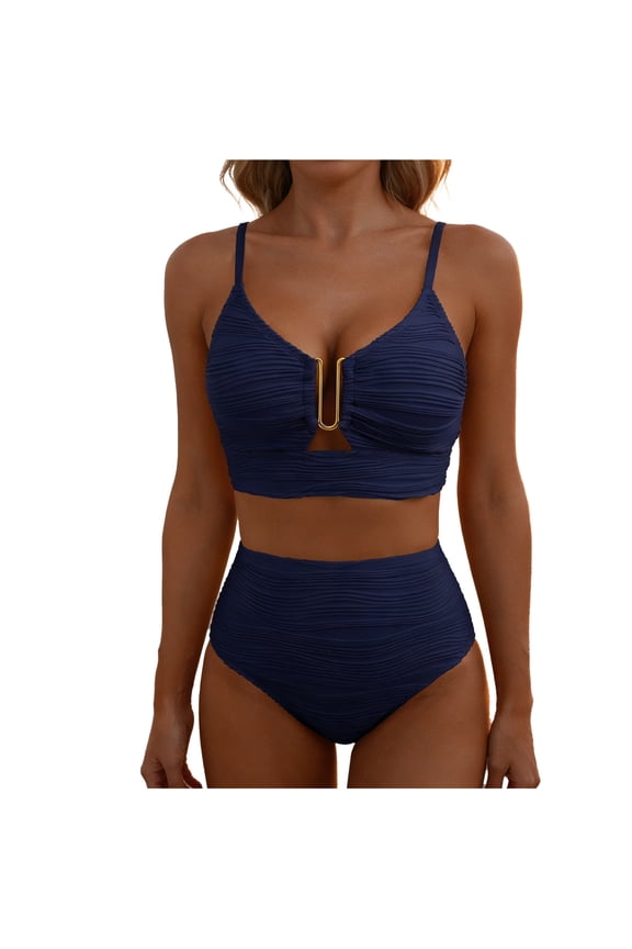 Womens 2 Piece Bikini Set U-Wire Cutout Swimsuit High Waisted Textured 2026 Summer Beach Swim Bathing Suits