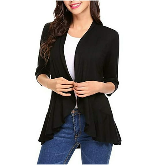 Aoochasliy Womens Blazer Jacket Solid Color Soft Draped Ruffles Nine-Quarter Sleeve Cardigan Top