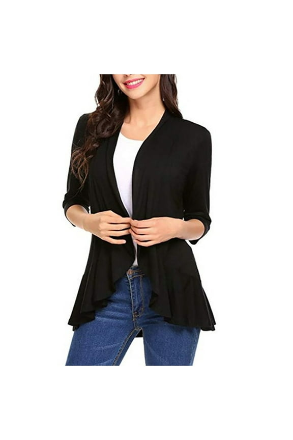 Womens Blazer Jacket Solid Color Soft Draped Ruffles Nine-Quarter Sleeve Cardigan Top
