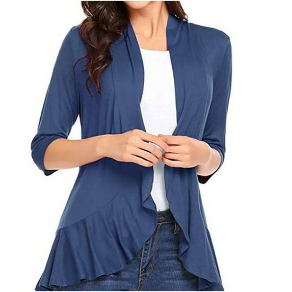 Aoochasliy Womens Blazer Jacket Solid Color Soft Draped Ruffles Nine-Quarter Sleeve Cardigan Top