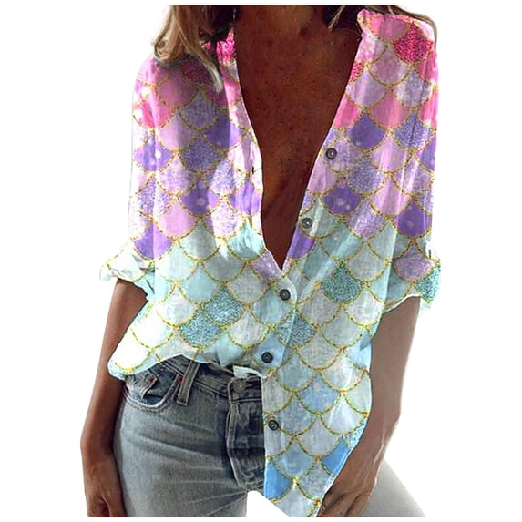 Aoochasliy Womens Blouses Clothes Loose V-neck Printed Front Button Cardigan Shirt Tops T-shirt