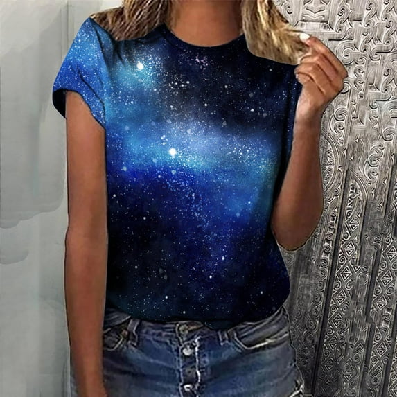 Aoochasliy Womens Blouses Short Sleeve 2023 Casual Summer Gradient Floral Printing Round Neck T-Shirt Tee