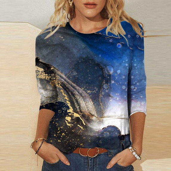 Aoochasliy Womens Blouses Short Sleeve 2023 Fold Printed Loose T-shirt 3/4 Sleeves Round Neck Casual Shirts