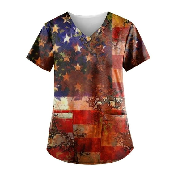 Aoochasliy Womens Blouses Short Sleeve Independence Day V-Neck Casual Printed Pockets Summer Shirts Uniform