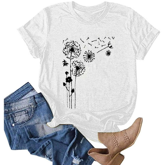 Aoochasliy Womens Blouses Short Sleeve Plus Size Dandelion Prints Round Neck Dressy T-shirt Shirts