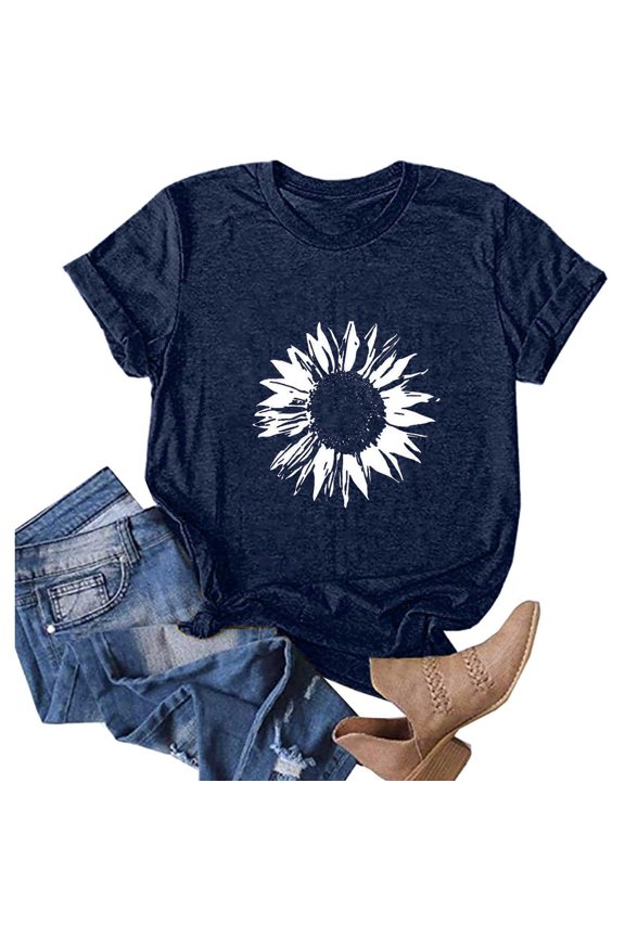 Womens Blouses Short Sleeve Plus Size Sunflower Prints Round Neck Dressy T-shirt Shirts