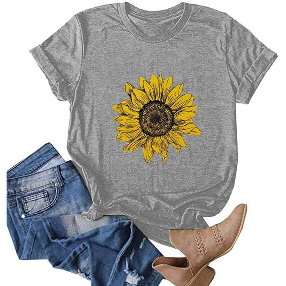 Aoochasliy Womens Blouses Short Sleeve Plus Size Sunflower Prints Round Neck Dressy T-shirt Shirts