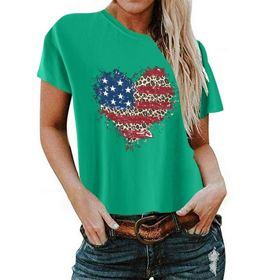 Aoochasliy Womens Blouses Short Sleeve Summer Casual Loose Fitting Independent Day Printed Round Neck Dressy Top